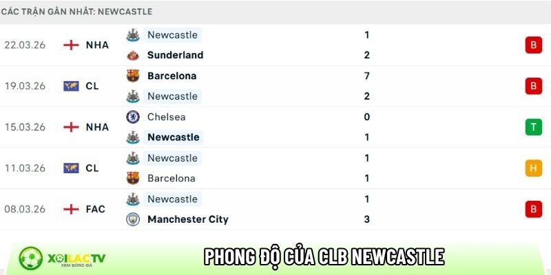 Phong độ của CLB Newcastle