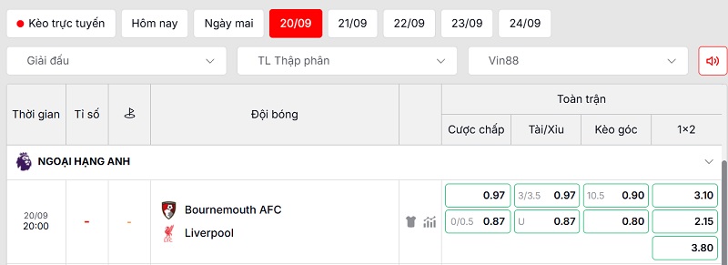 Soi kèo Bournemouth vs Liverpool qua tỷ lệ